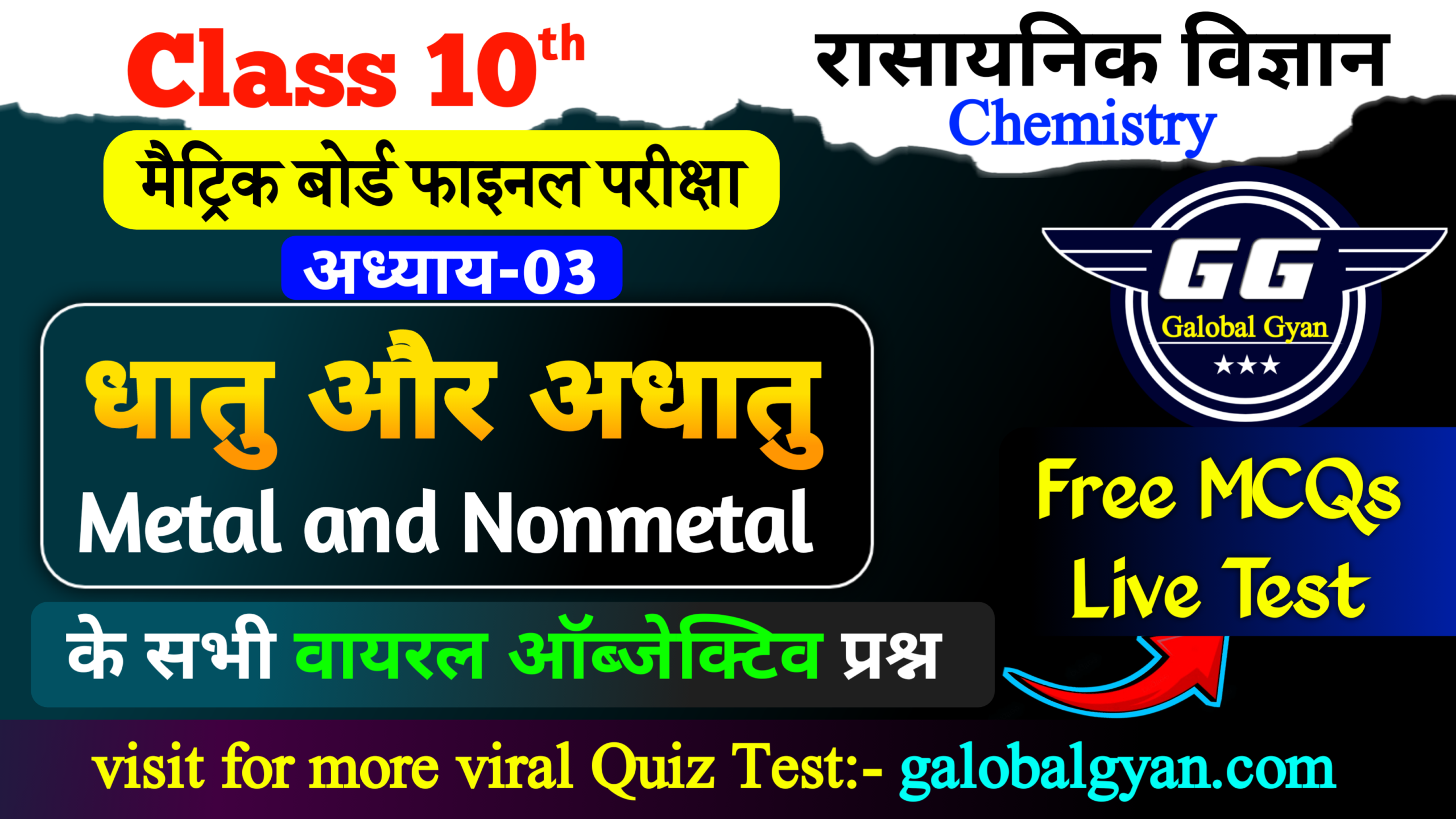 कक्षा 10वीं विज्ञान (Science) रसायन विज्ञान (Chemistry) अध्याय-03, धातु एवं अधातु (Metals and Non-Metals) वायरल Objective प्रश्न फाइनल मैट्रिक बोर्ड परीक्षा