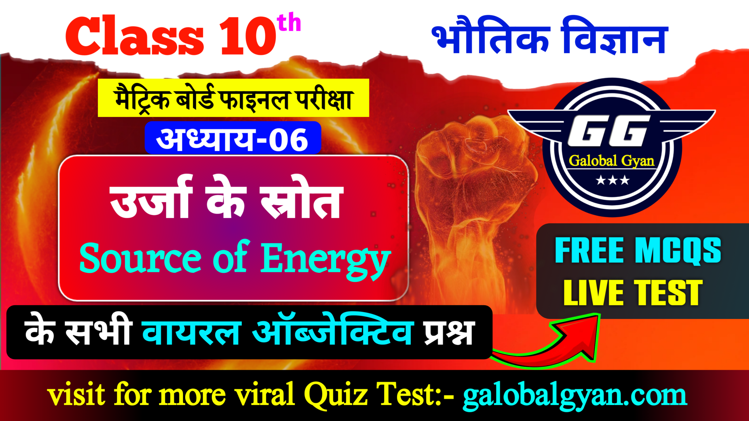 Class 10वीं विज्ञान (Science) | भौतिकी (Physics) अध्याय-06 | ऊर्जा के स्रोत (Sources of Energy) वायरल Objective MCQs प्रश्न | फाइनल मैट्रिक बोर्ड परीक्षा